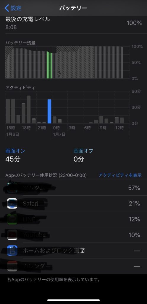iphone アプリ バッテリー使用状況