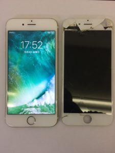 画面交換修理を行ったiPhone6sと破損した液晶パネルの写真