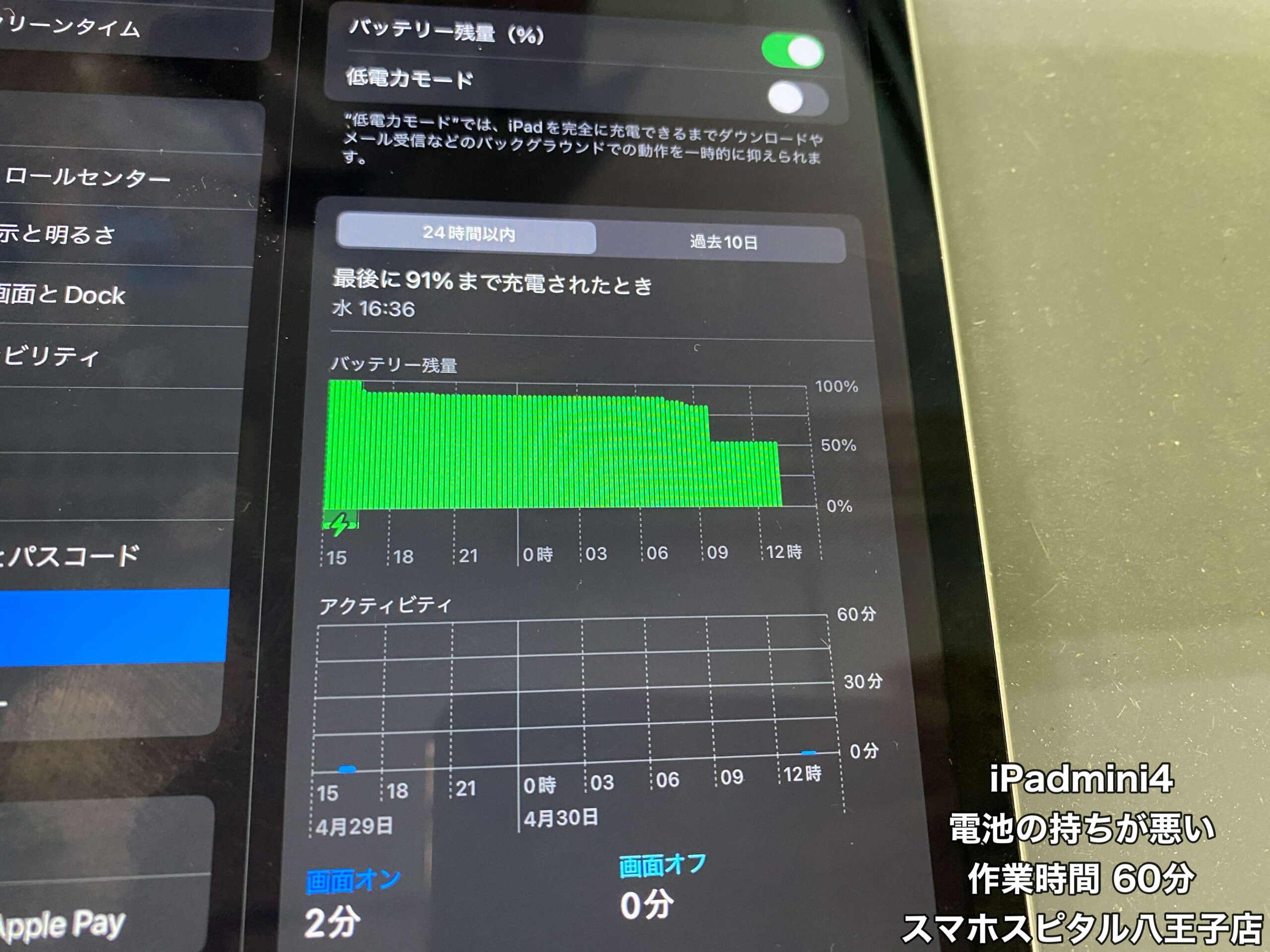 iPad mini4 修理】バッテリー残量が急に減ることがある。バッテリーの