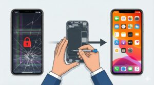 iPhoneの画面割れによるゴーストタッチが原因でパスコードロックがかかった状態（左）と、修理によってデータそのままで元通りに直った状態（右）の比較ビフォーアフターイラスト。