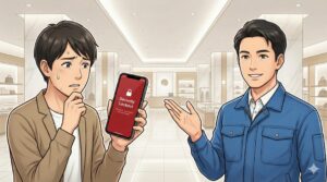iPhoneのパスコードを忘れて「セキュリティロックアウト」になり困っているユーザーと、データを守る解決策を提案するスマホスピタル大丸札幌店スタッフのイラスト。背景は札幌大丸店
