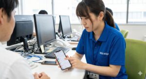 スマホの設定確認をするスタッフ