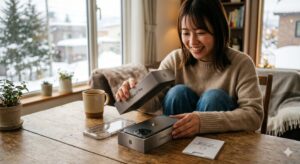 iPhoneを開封している女性