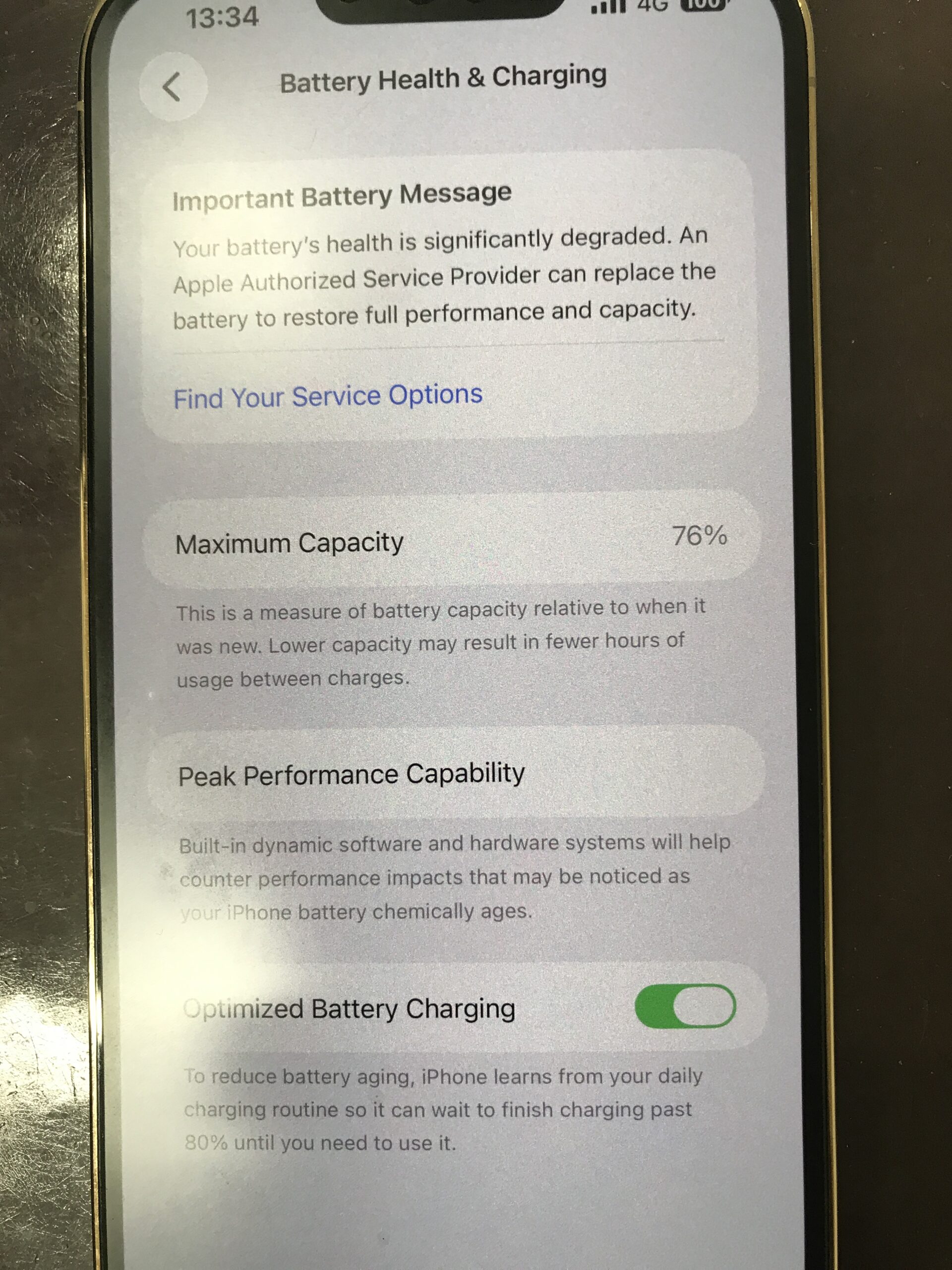 iPhone13 Pro Maxのバッテリー最大容量76%の状態