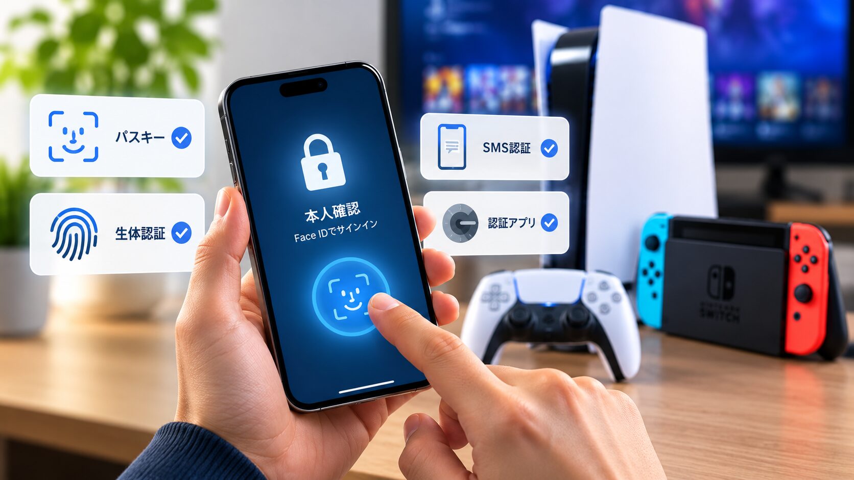 スマートフォンで顔認証や指紋認証を利用するパスキーと2段階認証のイメージ
