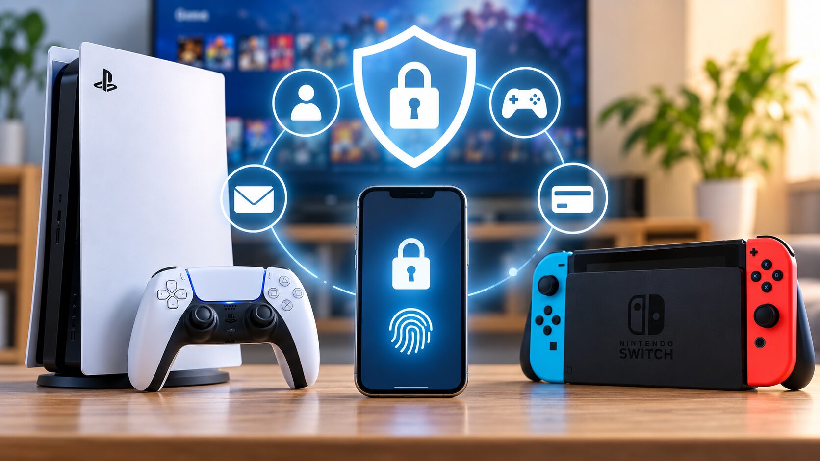 PS5とNintendo Switch、スマートフォンを組み合わせたアカウントセキュリティのイメージ